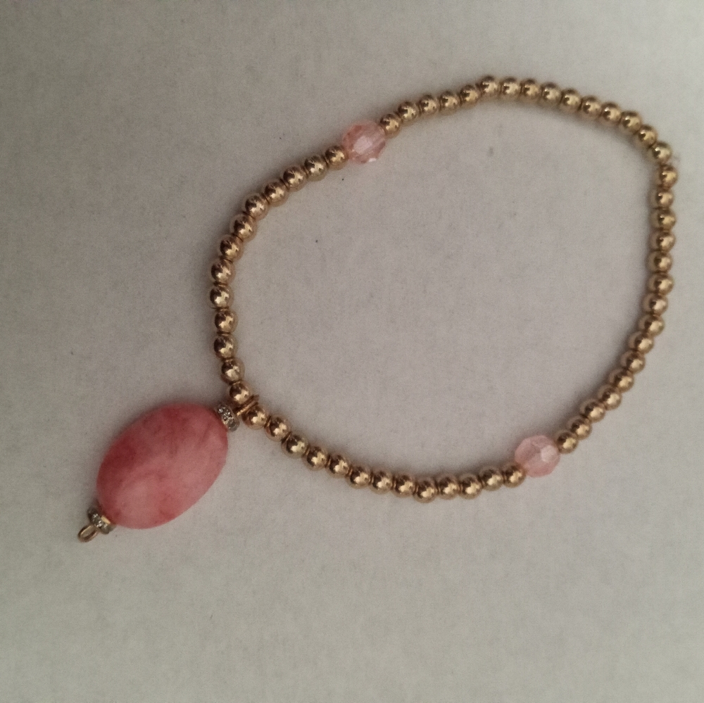 Hand Crafted Gold plated beaded statement bracelet pink agate gemstone stretchy
